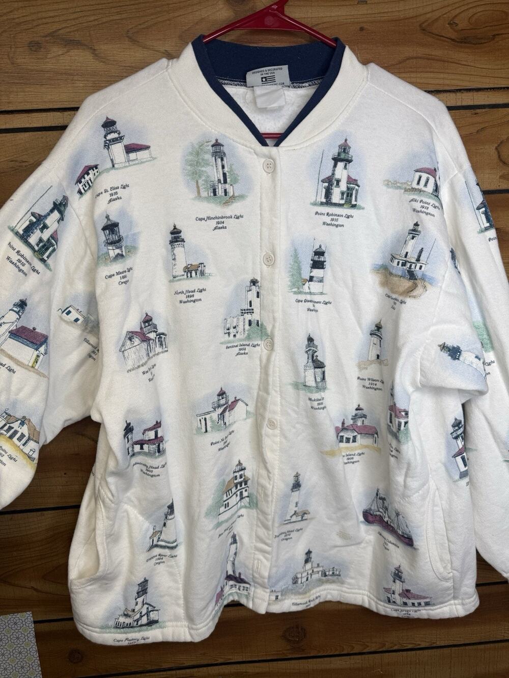 Vintage Button-Down Lighthouse Cardigan Sweatshirt Fisherman Nautical